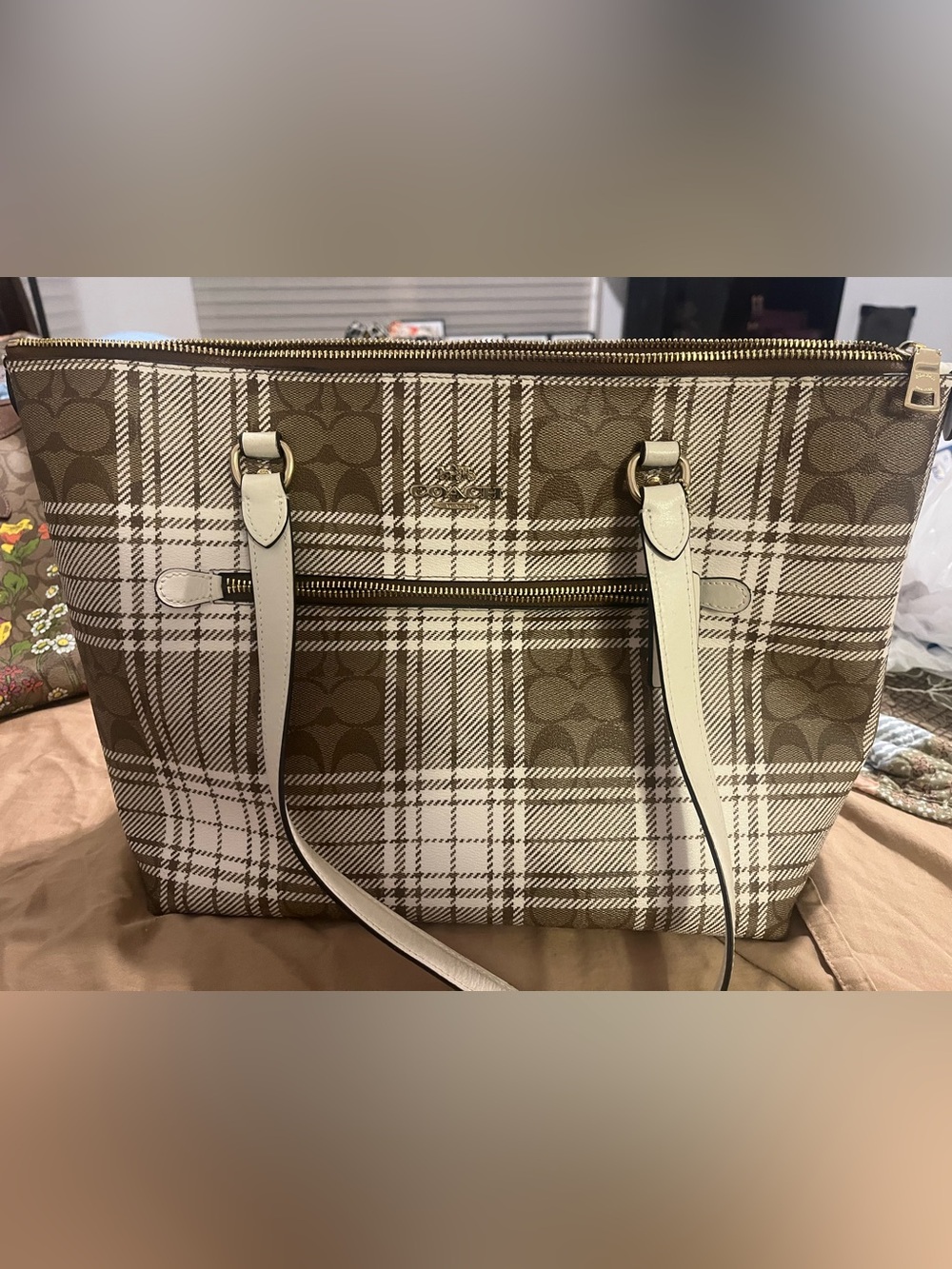 Coach Plaid Signature Tote in Khaki and Chalk